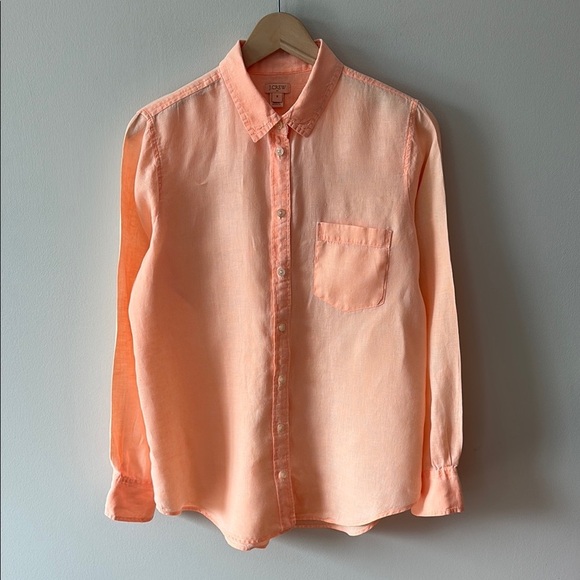 J. Crew Tops - J Crew Linen Shirt Neon Cantaloupe Size Medium